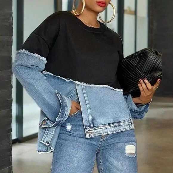 Black Casual Women's Valentine's Day Denim Patchwork Sweatshirt - Picture 1 of 9